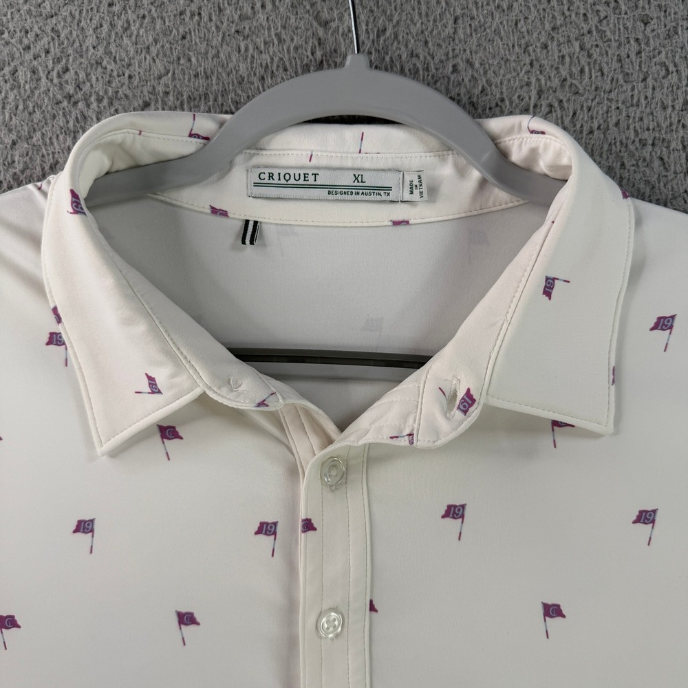Criquet Polo Shirt Mens XL White Golf Flag Print Cheyenne Shadows Stretch 10249